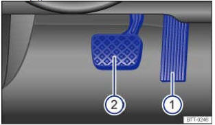 Fig. 145 Pédales sur véhicules avec boîte à double embrayage: (1) accélérateur, (2) pédale de frein