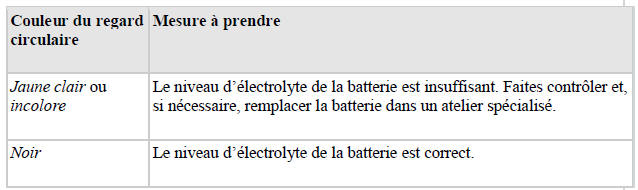 Contrôle de l'électrolyte (batterie dotées d'un regard)