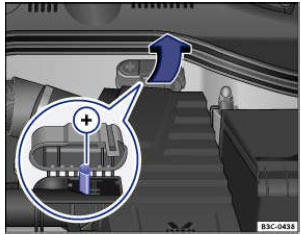 Fig. 278 Dans le compartiment-moteur, sous un cache: prise de démarrage de fortune (borne positive)