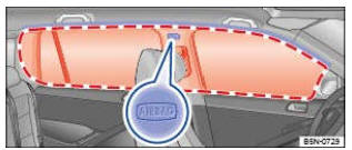 Fig. 83 Côté gauche du véhicule : emplacement de montage et zone de déploiement du sac gonflable de tête